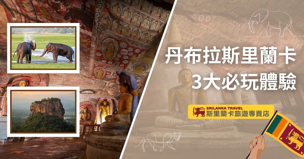 丹布拉石窟寺廟內的佛像背景，搭配斯里蘭卡大象嬉戲和獅子岩的照片插圖。右側標題為「丹布拉斯里蘭卡 3大必玩體驗」，底部顯示斯里蘭卡旅遊專賣店的標誌及國旗插畫。