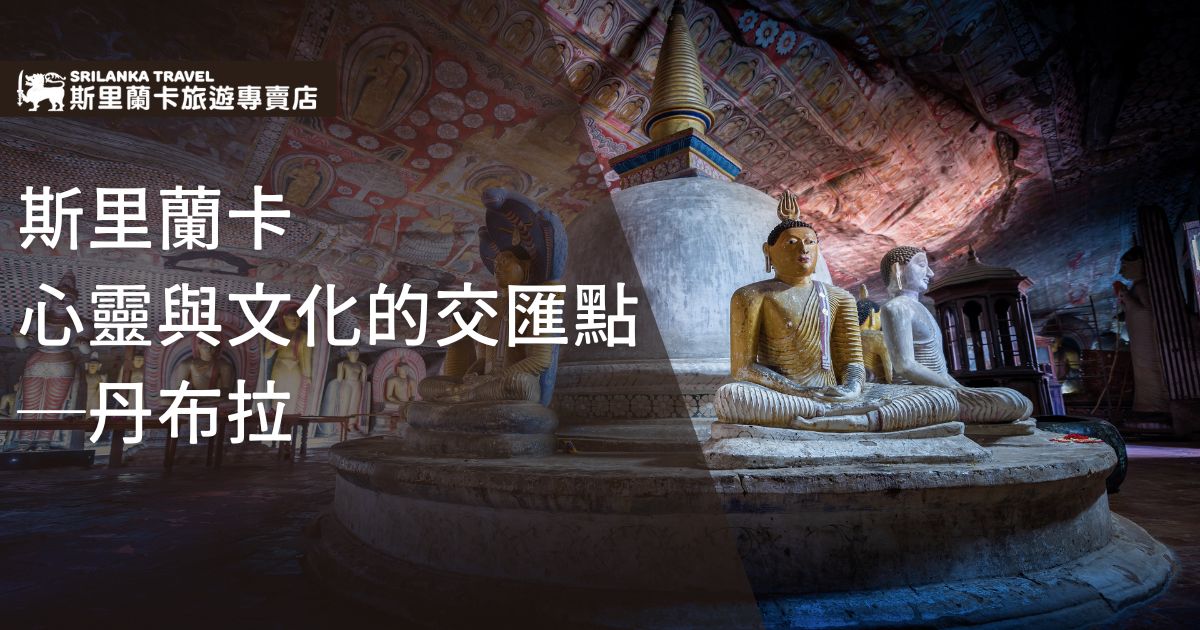 這張圖片展示了斯里蘭卡丹布拉岩洞寺廟內的佛像，安坐於莊嚴的石座上。背景中，壁畫和雕像營造出神聖與寧靜的氛圍，反映了佛教信仰與藝術的完美融合，讓人感受到心靈與文化的交融之美。