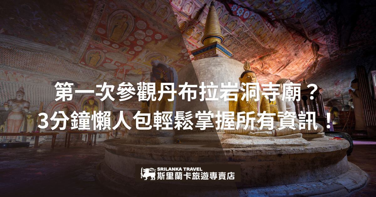 該圖片展示了斯里蘭卡著名的丹布拉岩洞寺廟內部，佛像靜坐於寺廟中央，背景中充滿了精美的壁畫和佛教藝術。整體氛圍充滿莊嚴與寧靜，並帶有古老的宗教氣息，是朝聖者與遊客必訪之地。畫面上方的文字提供了參觀寺廟的簡易指引。