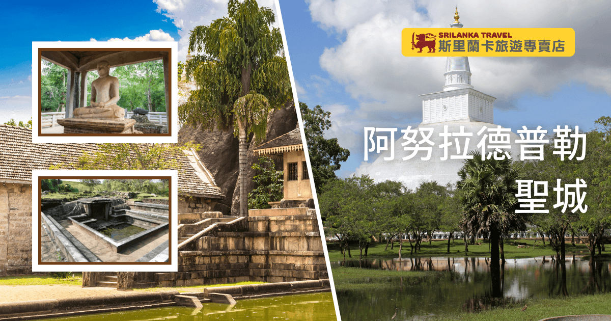 左側為阿努拉德普勒古都經典遺跡，包括靜坐佛像與古代石造水池，呈現佛教聖地的莊嚴氛圍與千年建築之美。右側為潔白壯觀的魯梵維利大塔（Ruwanwelisaya），搭配前方翠綠草地與水池，展現阿努拉德普勒聖城的悠久歷史與自然景觀。圖片色彩明亮，結合文化遺產與自然，適合用於介紹斯里蘭卡佛教聖地、阿努拉德普勒歷史景點與文化之旅主題文章或懶人包封面。