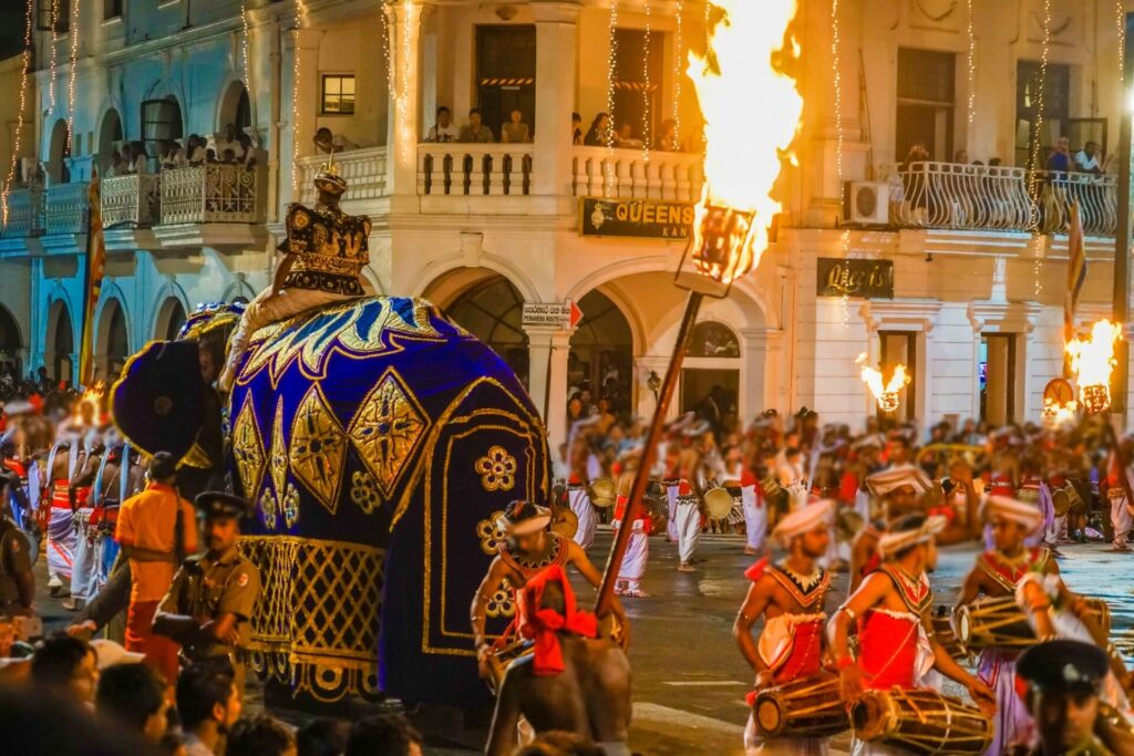 這張圖片展現了斯里蘭卡佛牙節的傳統舞蹈和文化表演。夜幕降臨,燈光璀璨,參與者穿著色彩鮮艷的服裝,手持火把,並有裝飾華麗的大象,彰顯佛牙節的熱鬧氛圍和宗教意義。