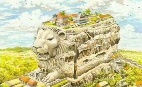 這幅圖像展示了一座壯麗的獅子形宮殿建築,宮殿位於巨大石塊上方,四周環繞著樹木和建築物。整體設計象徵著力量和神聖,展現了宮殿的華麗和創意建築風格。畫面帶來一種令人敬畏的氛圍,充滿了歷史與文化的氣息,將自然與人工建築完美結合。"