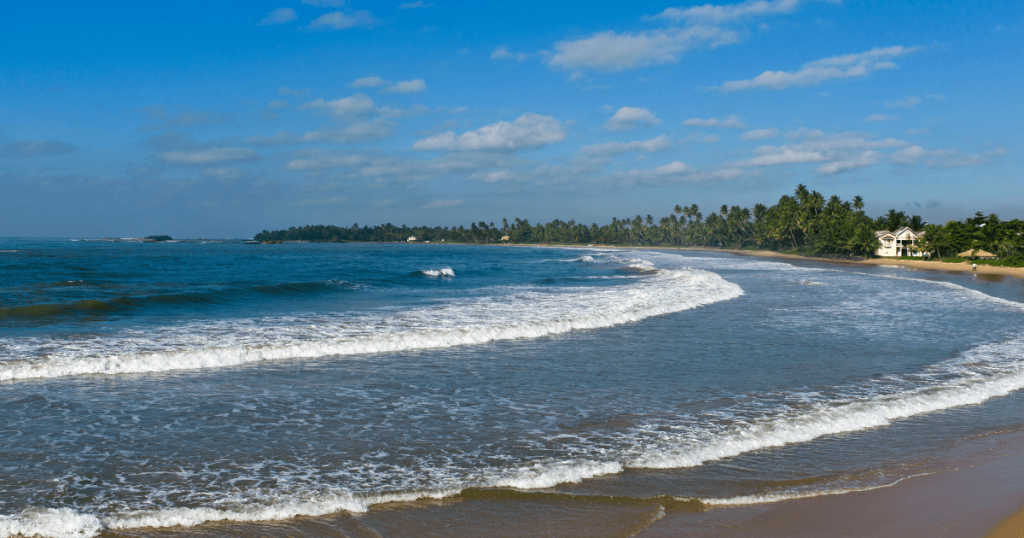 這張圖片展示了斯里蘭卡馬塔拉海岸的壯麗風光，蔚藍的海水輕輕拍打著金色沙灘，遠處椰子樹成林，呈現出一片熱帶天堂般的美麗景色。這樣的景致讓人想像置身於度假天堂，享受自然的寧靜與海洋的舒適。