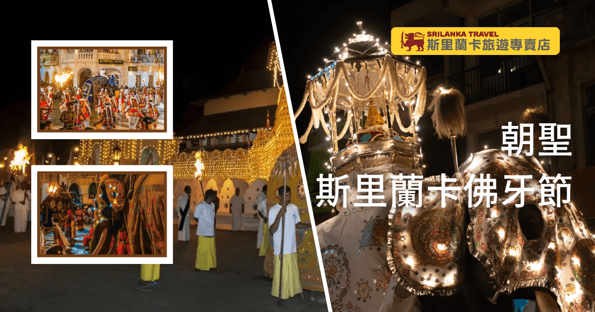 主圖展示斯里蘭卡佛牙節（Esala Perahera）夜間遊行的盛大現場，華麗裝飾的大象、傳統服飾的舞者與繽紛燈飾交織，象徵當地最盛大的佛教慶典。左側以小圖呈現鼓隊與遊行隊伍細節，右側為佛牙舍利供奉與大象隊伍，帶給讀者強烈的現場感。適合用於宗教節慶介紹、佛教旅遊推薦或斯里蘭卡旅遊主題文章。