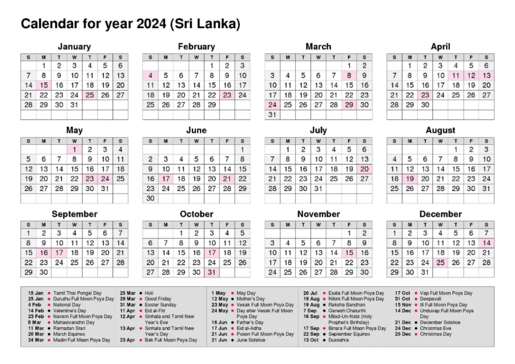 2024年斯里蘭卡的公共假期日曆，顯示每月的假期日期和名稱，包括重要的宗教和節慶日。