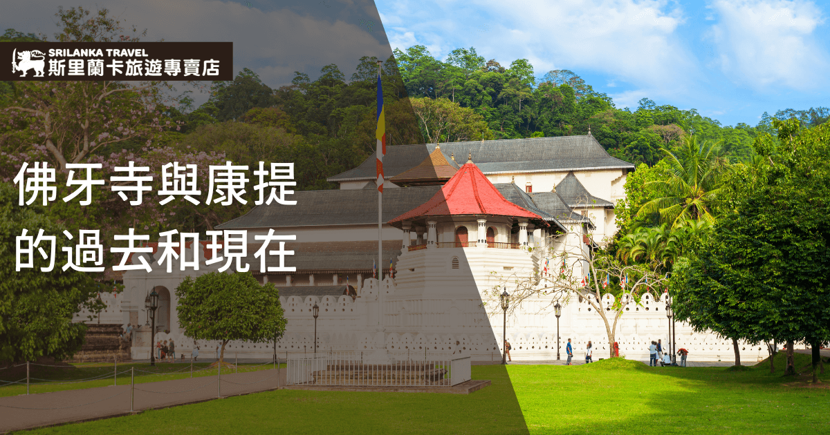 圖片展示斯里蘭卡康提著名的佛牙寺，周圍環繞著茂密的綠樹和整齊的建築，反映出這座宗教與歷史地標的文化意義及當代樣貌。
