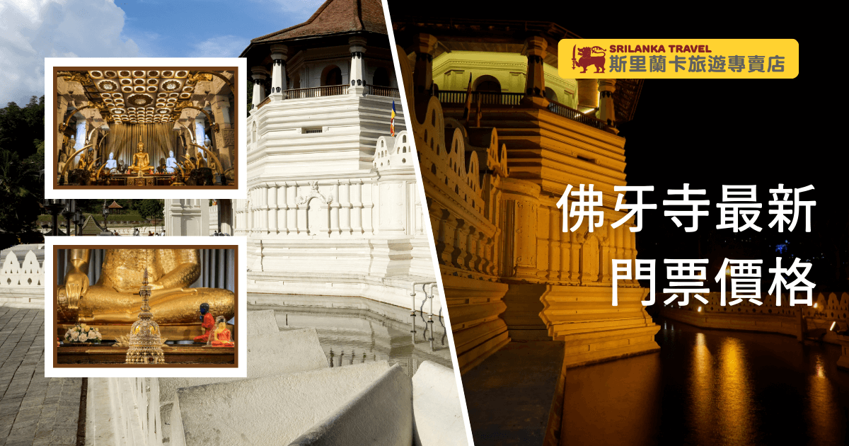 圖片展示斯里蘭卡康提佛牙寺的白色外觀與夜間燈光照明，並搭配寺內佛像和珍貴文物的照片。透過這些影像，強調佛牙寺的宗教意義與文化價值，並吸引訪客了解當前門票資訊。