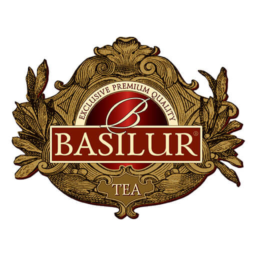 Basilur 以其復古金邊與紅色主色調標誌展現品牌的高端定位,細緻的葉飾圍繞代表對茶葉品質的講究與尊重,常見於其禮盒與花草茶系列。