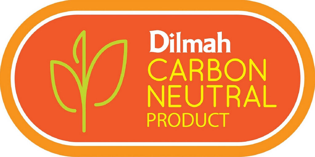 這張圖片是斯里蘭卡知名茶品牌 Dilmah 的標誌,強調其產品為「Carbon Neutral Product」碳中和產品,展示品牌對永續與環保的承諾,常見於其茶包與包裝設計中。