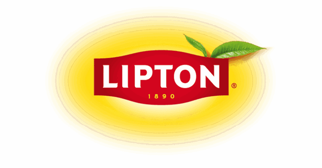 這是全球知名紅茶品牌 Lipton(立頓)的標誌,鮮明的紅底白字配上亮黃色橢圓背景與綠葉,代表品牌清新、健康與陽光形象,廣泛用於各種茶品包裝。
