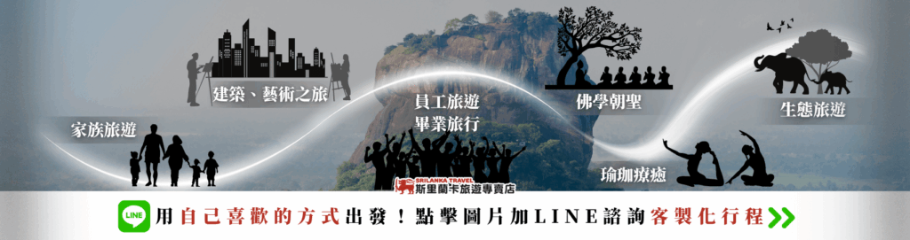 圖片背景為斯里蘭卡著名的席吉里耶獅子岩（Sigiriya Rock），前景依主題分布六大旅遊類型，包括「家族旅遊」、「建築、藝術之旅」、「員工旅遊與畢業旅行」、「佛學朝聖」、「瑜珈療癒」、「生態旅遊」。每個類型以剪影圖像呈現，營造出強烈的主題辨識度，底部搭配 LINE 客製行程諮詢 字樣，引導使用者進行下一步動作。