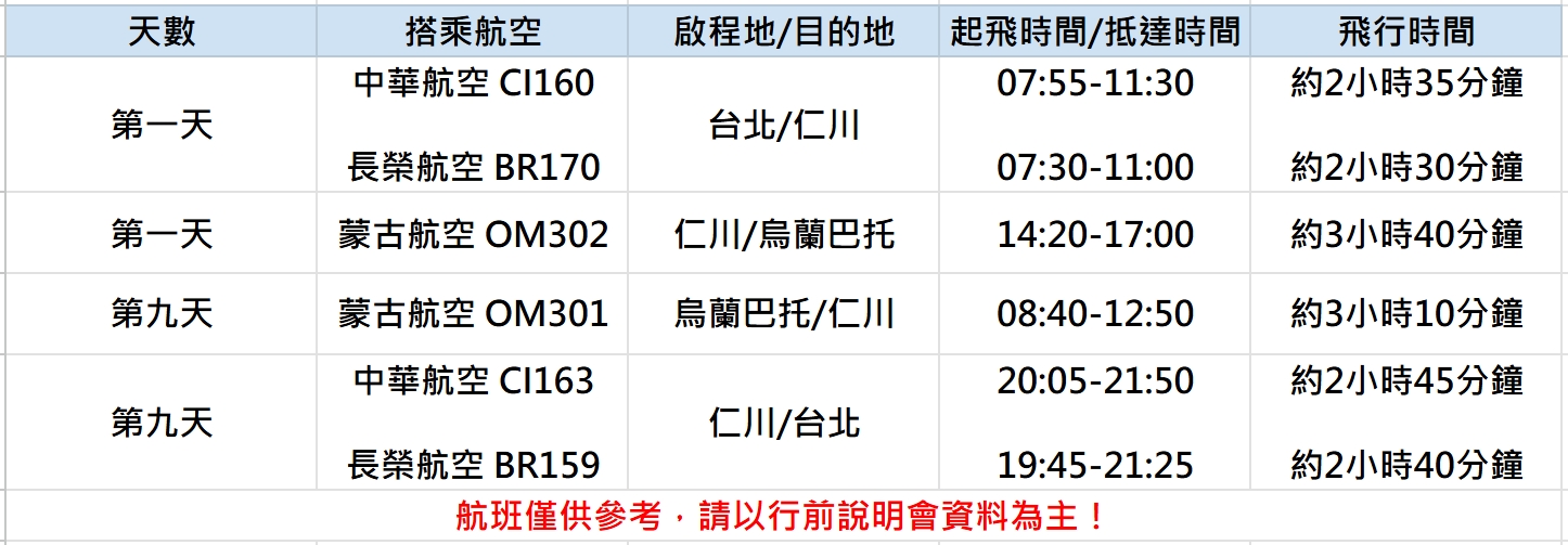 蒙古9日(仁川轉機)